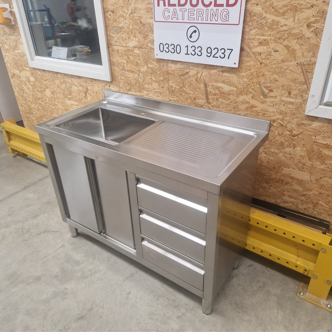 Commercial Single Bowl Sink Cupboard With Drawers (Right) - 1200mm
