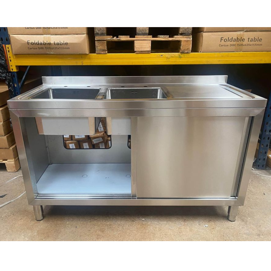 Double Bowl Sink Cupboard - 1500mm - Right Hand Drainer