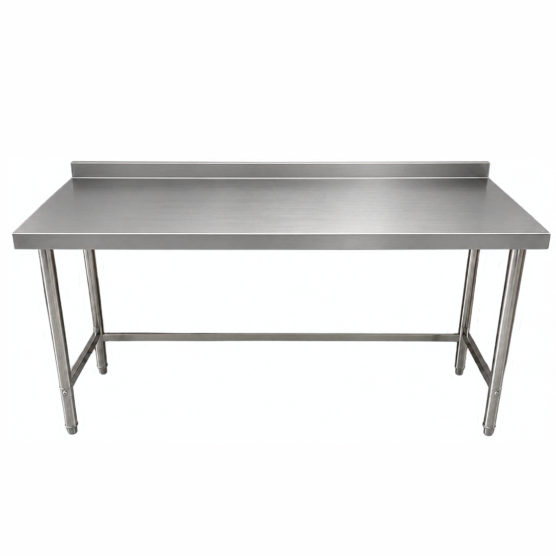 A stainless steel utility work table with a flat rectangular top, a back lip, and four legs connected by a lower support rail, shown on a plain white background.