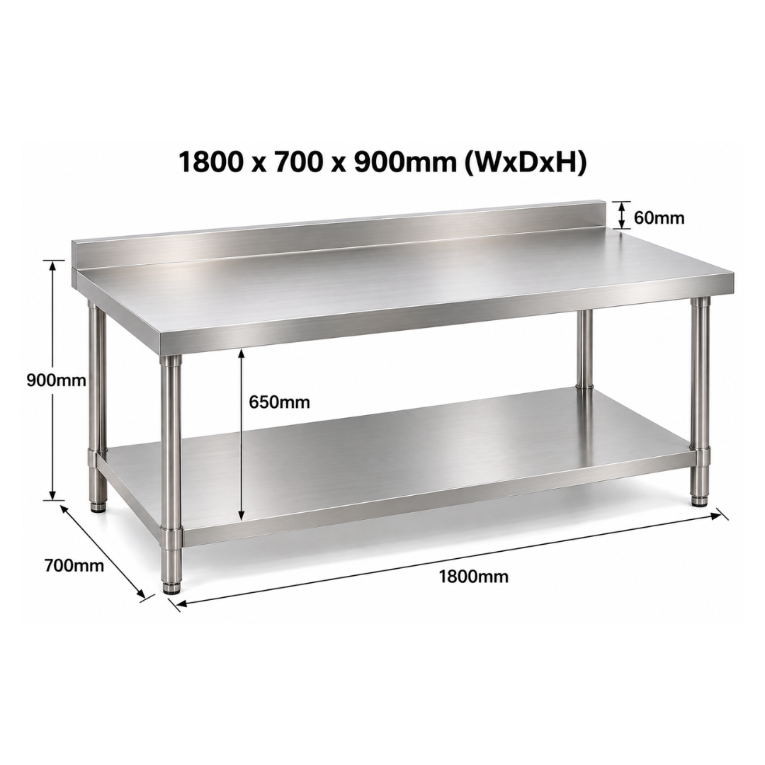 Standard Duty Stainless Steel Wall Prep table - 1800x700x900mm (WxDxH)