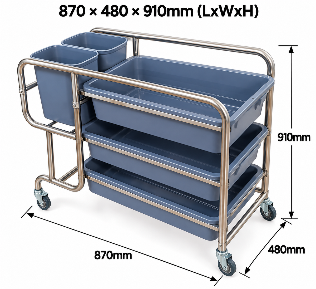 Commercial Stainless Steel 3 Tier Bussing Trolley with Trays & Bins