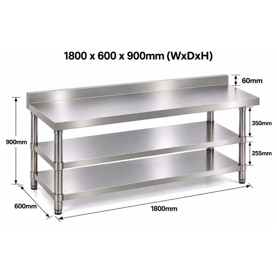 Standard Duty Stainless Steel Wall Prep table - 1800x600x900mm - 2 Shelves