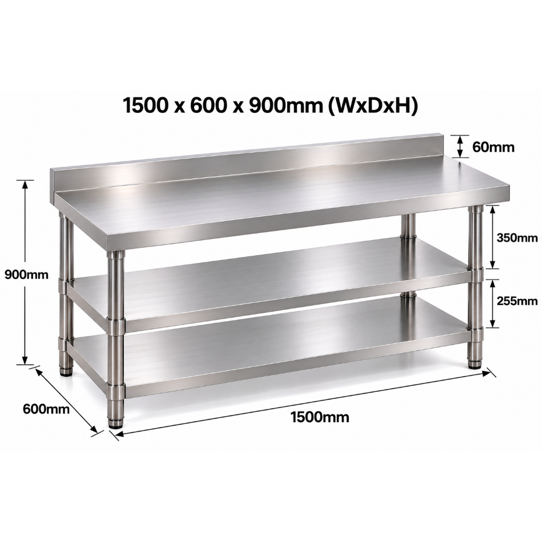 Standard Duty Stainless Steel Wall Prep table - 1500x600x900mm - 2 Shelves