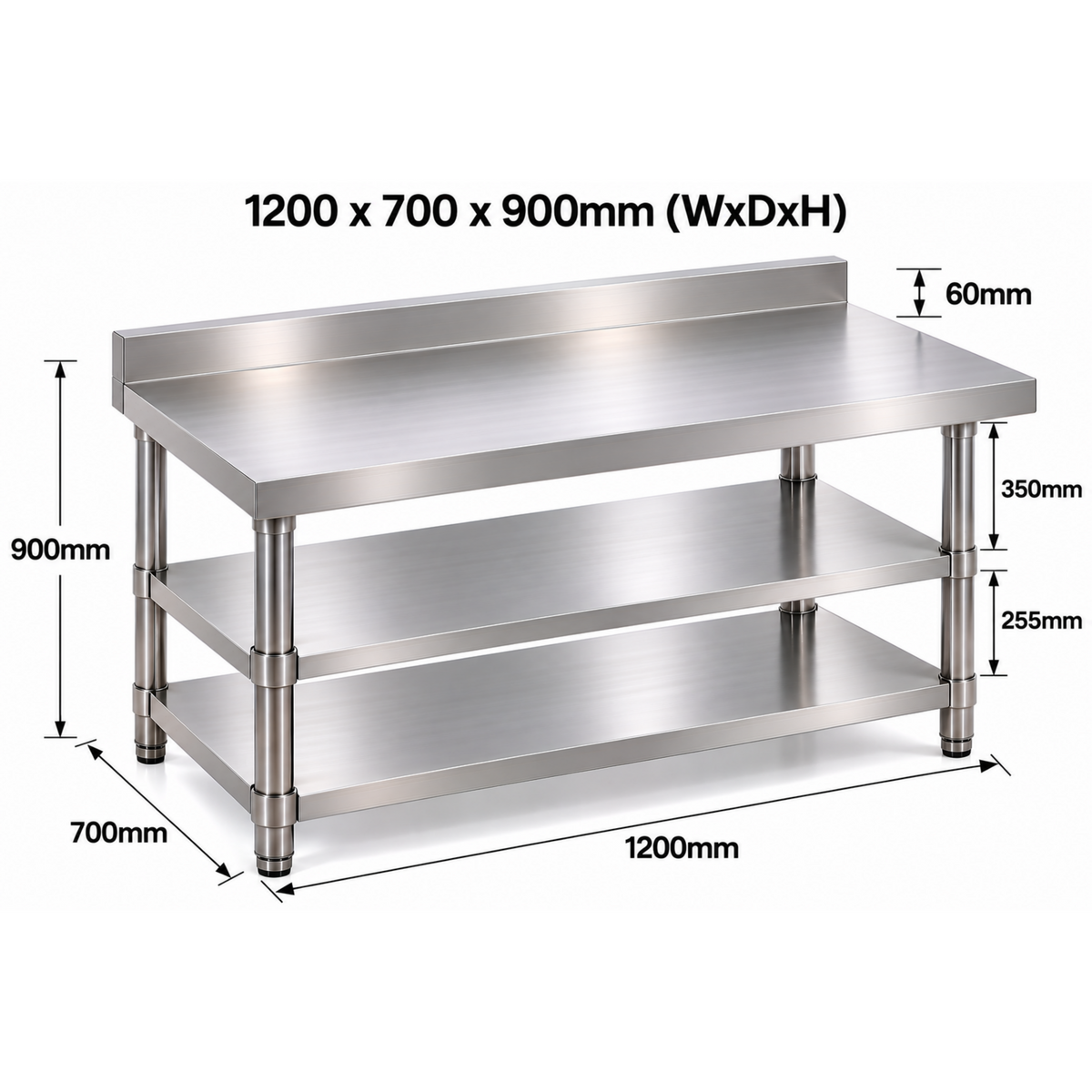 Standard Duty Stainless Steel Wall Prep table - 1200x700x900mm - 2 Shelves