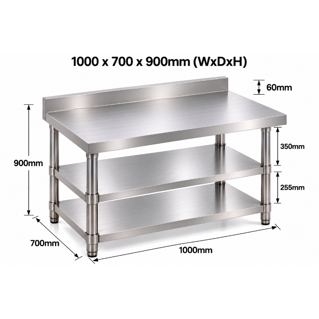Standard Duty Stainless Steel Wall Prep table - 1000x700x900mm - 2 Shelves