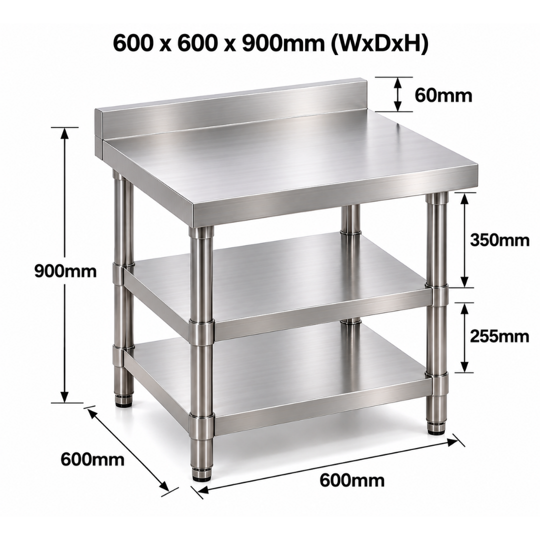 Standard Duty Stainless Steel Wall Prep table - 600x600x900mm - 2 Shelves