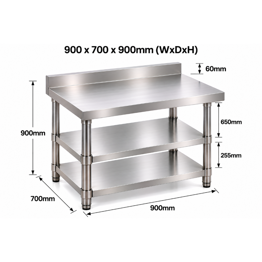Standard Duty Stainless Steel Wall Prep table - 900x700x900mm - 2 Shelves