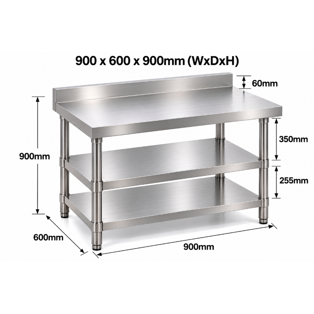 Standard Duty Stainless Steel Wall Prep table - 900x600x900mm - 2 Shelves