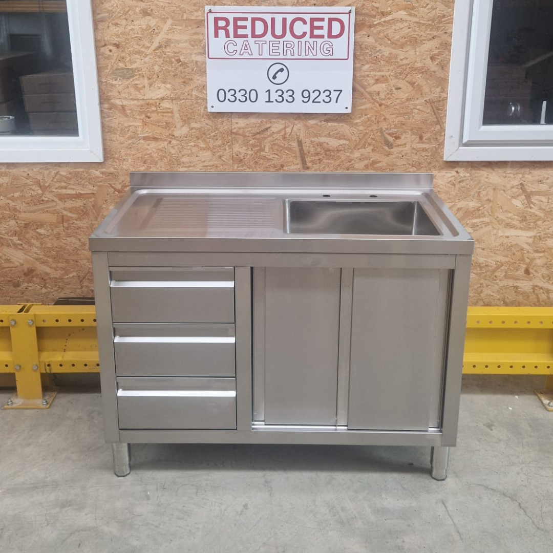 Commercial Double Bowl Sink Cupboard With Drawers (Left) - 1200mm