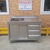 Commercial Single Bowl Sink Cupboard With Drawers (Right) - 1200mm