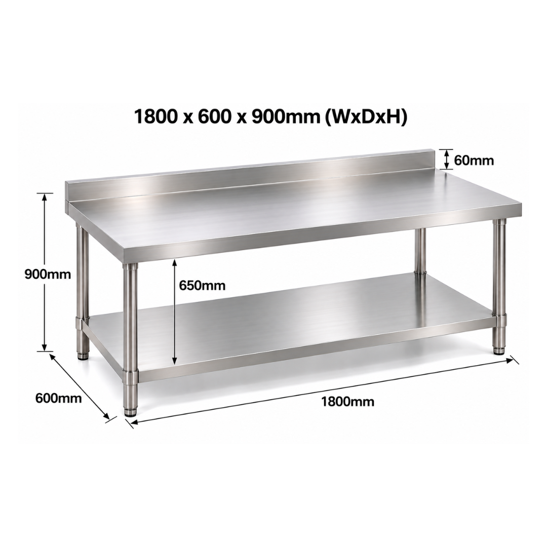 Standard Duty Stainless Steel Wall Prep table - 1800x600x900mm (WxDxH)