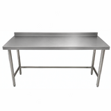 A stainless steel utility work table with a flat rectangular top, a back lip, and four legs connected by a lower support rail, shown on a plain white background.