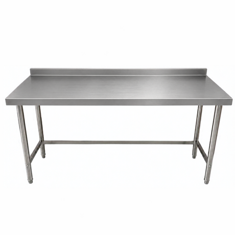 A stainless steel utility work table with a flat rectangular top, a back lip, and four legs connected by a lower support rail, shown on a plain white background.