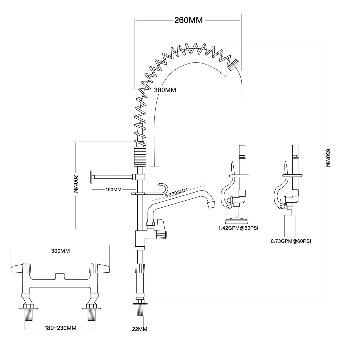 Heavy Duty Compact Commercial Pre-Rinse Spray Arm with 8" Bowl Filler – Twin Inlet – 630mm