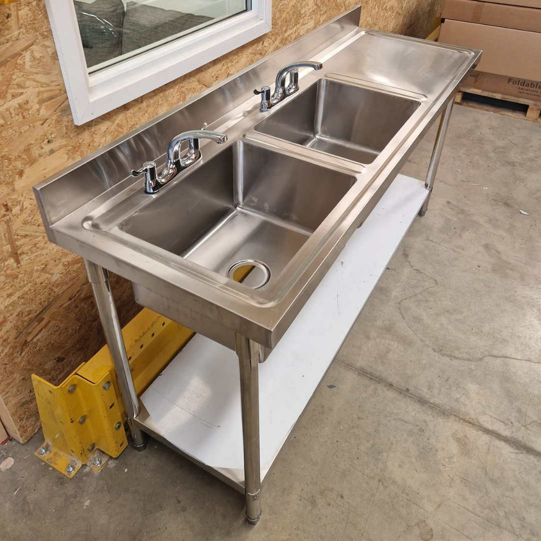Double Bowl Sink 1800mm - Left Hand Bowl - Flat Draining Board