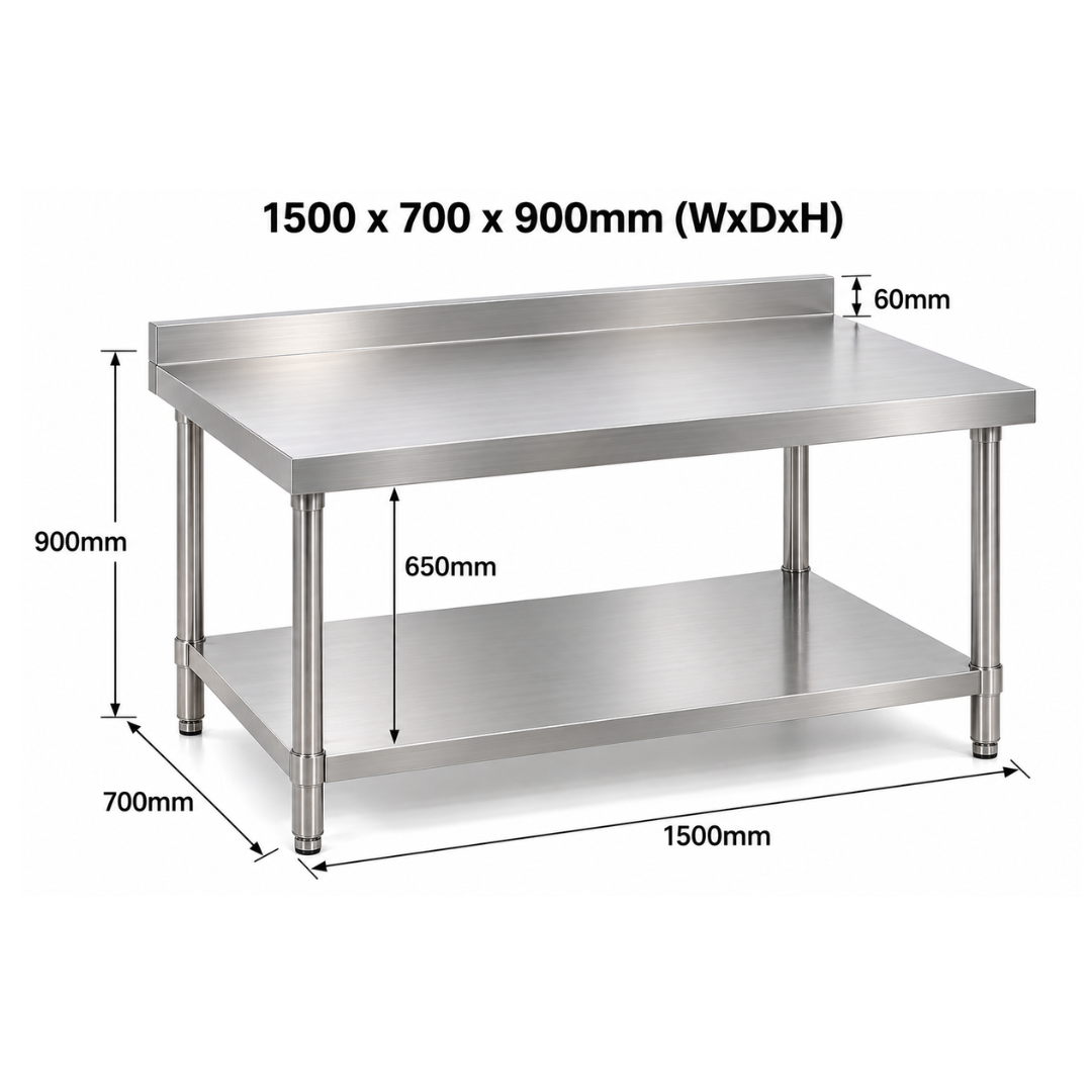 Standard Duty Stainless Steel Wall Prep table - 1500x700x900mm (WxDxH)
