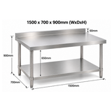 Standard Duty Stainless Steel Wall Prep table - 1500x700x900mm (WxDxH)