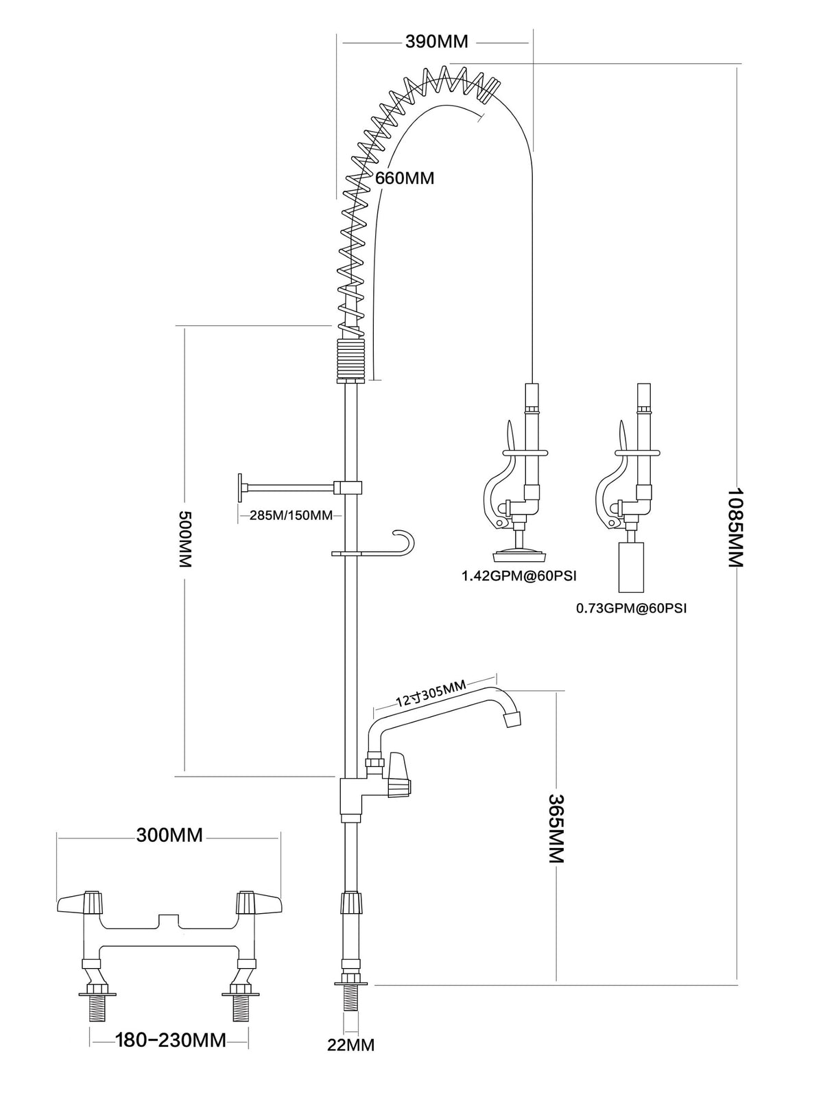 Heavy Duty Commercial Pre-Rinse Spray Arm with 12" Bowl Filler – Twin Inlet
