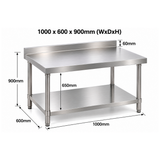 Standard Duty Stainless Steel Wall Prep table - 1000x600x900mm (WxDxH)