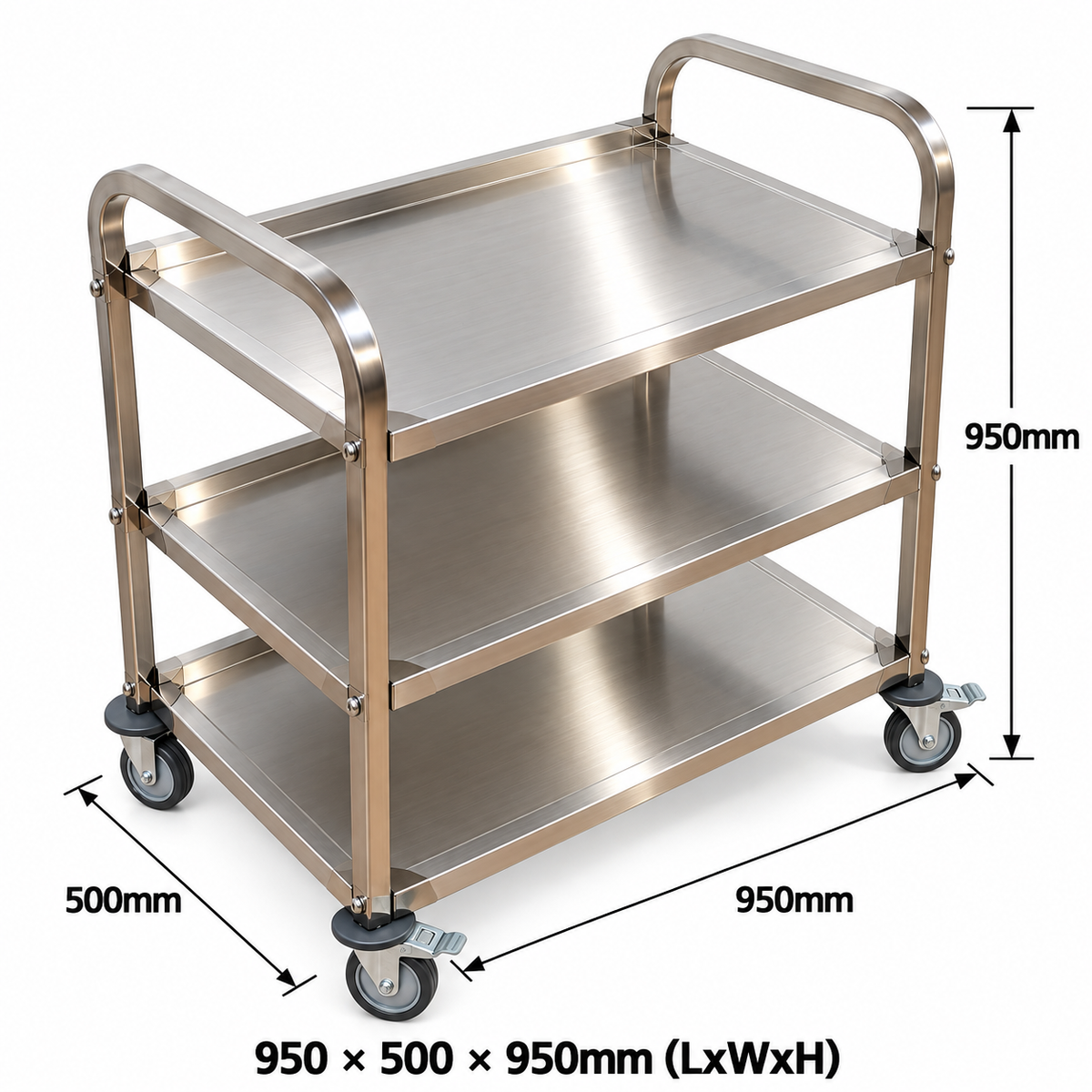 Stainless Steel Serving Trolley - 3 Tier - 950x500x950mm (LxWxH)