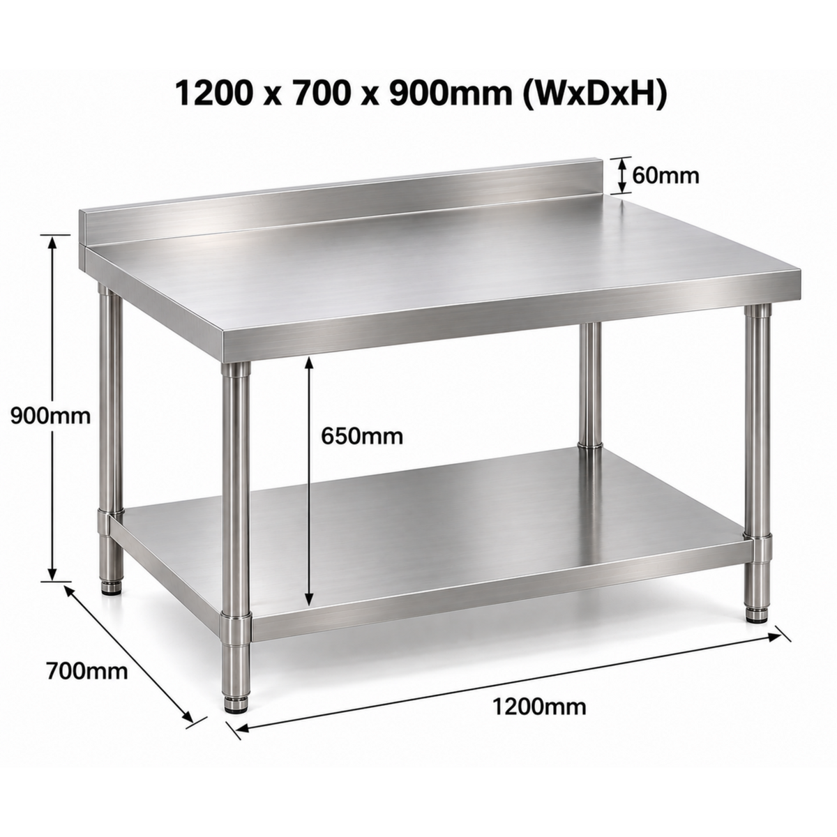 Standard Duty Stainless Steel Wall Prep table - 1200x700x900mm (WxDxH)