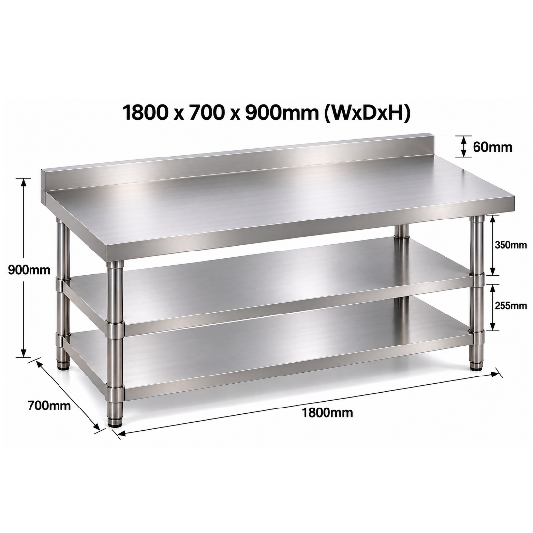 Standard Duty Stainless Steel Wall Prep table - 1800x700x900mm - 2 Shelves