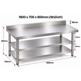 Standard Duty Stainless Steel Wall Prep table - 1800x700x900mm - 2 Shelves