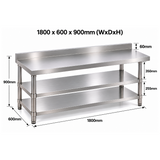 Standard Duty Stainless Steel Wall Prep table - 1800x600x900mm - 2 Shelves