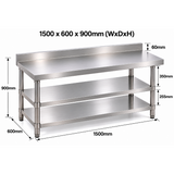Standard Duty Stainless Steel Wall Prep table - 1500x600x900mm - 2 Shelves