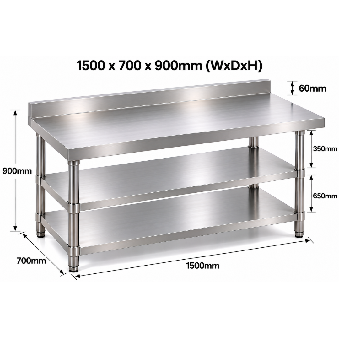 Standard Duty Stainless Steel Wall Prep table - 1500x700x900mm - 2 Shelves
