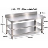 Standard Duty Stainless Steel Wall Prep table - 1200x700x900mm - 2 Shelves