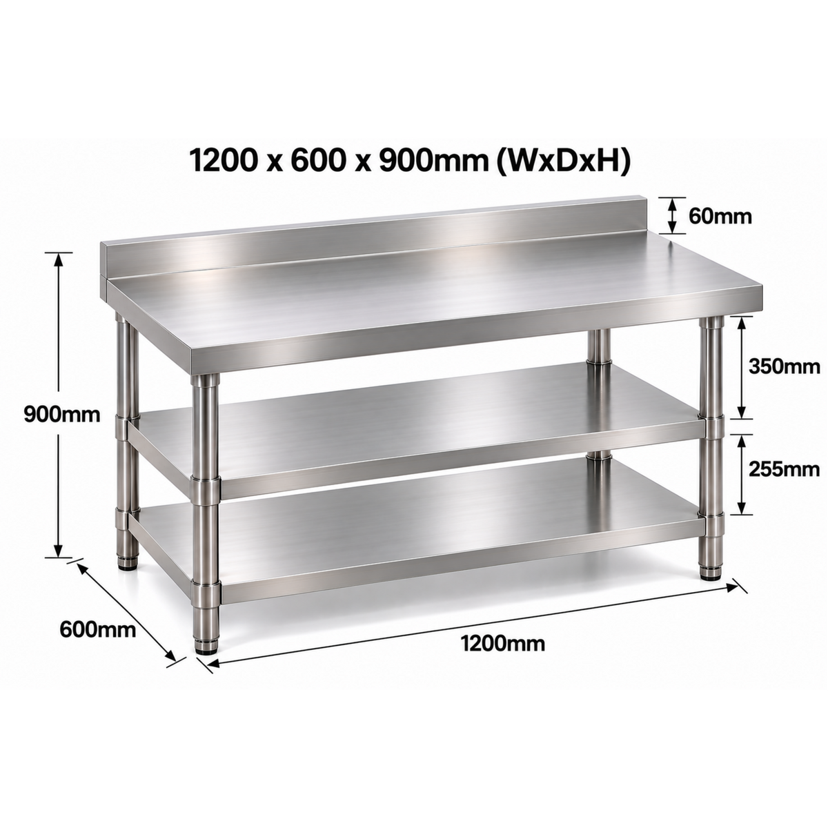 Standard Duty Stainless Steel Wall Prep table - 1200x600x900mm - 2 Shelves