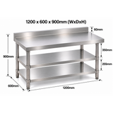 Standard Duty Stainless Steel Wall Prep table - 1200x600x900mm - 2 Shelves