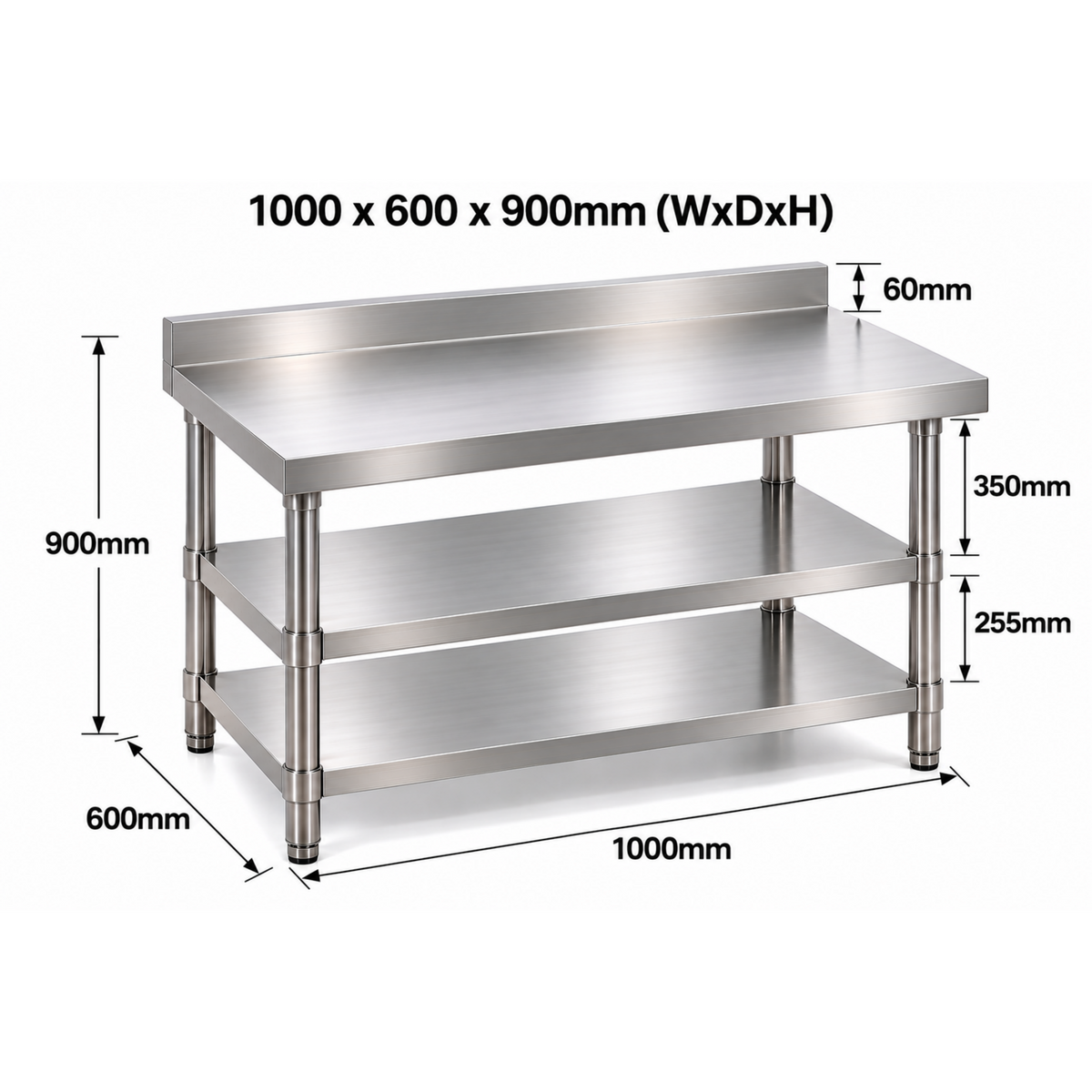 Standard Duty Stainless Steel Wall Prep table - 1000x600x900mm - 2 Shelves