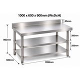 Standard Duty Stainless Steel Wall Prep table - 1000x600x900mm - 2 Shelves