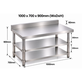 Standard Duty Stainless Steel Wall Prep table - 1000x700x900mm - 2 Shelves