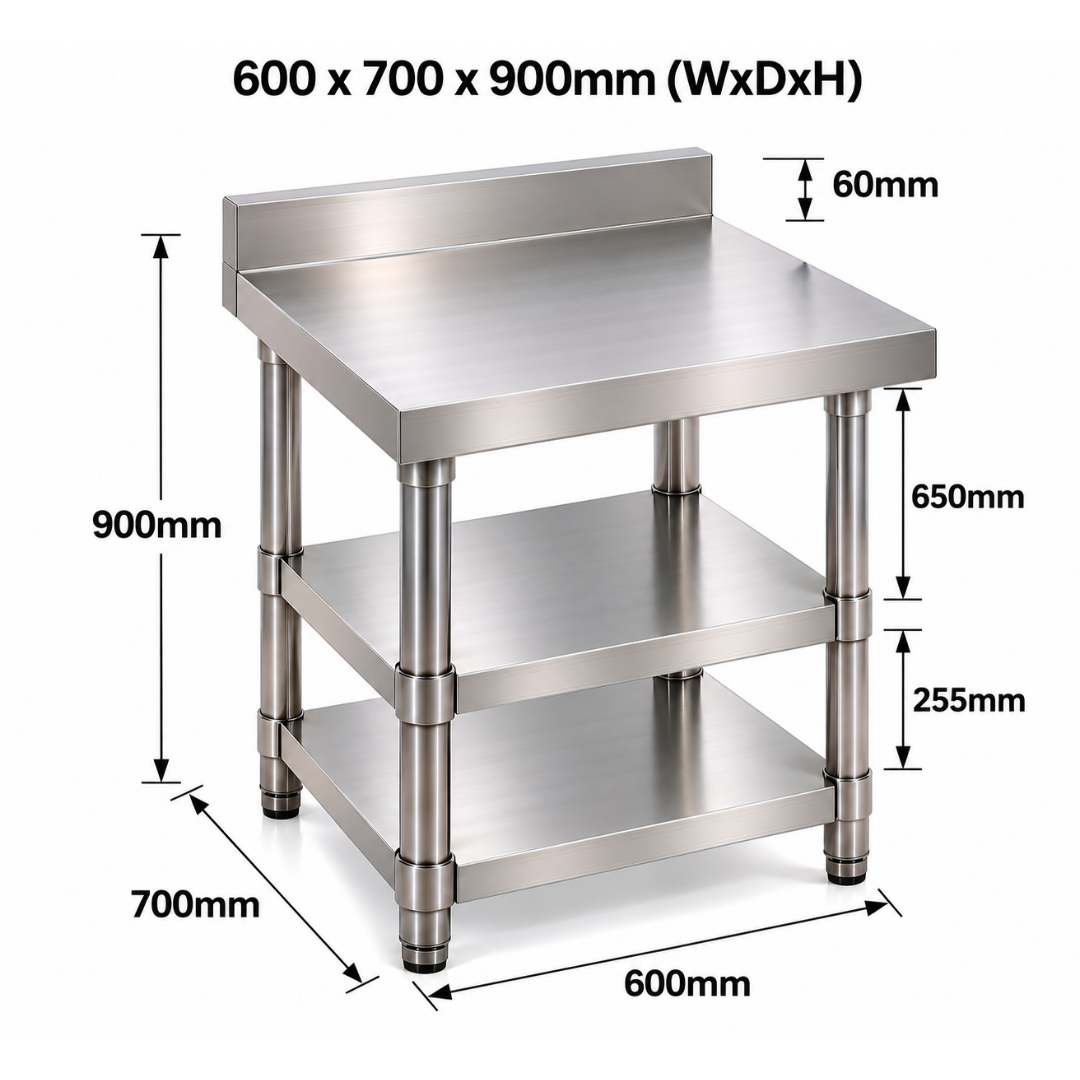 Standard Duty Stainless Steel Wall Prep table - 600x700x900mm - 2 Shelves