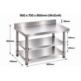 Standard Duty Stainless Steel Wall Prep table - 900x700x900mm - 2 Shelves