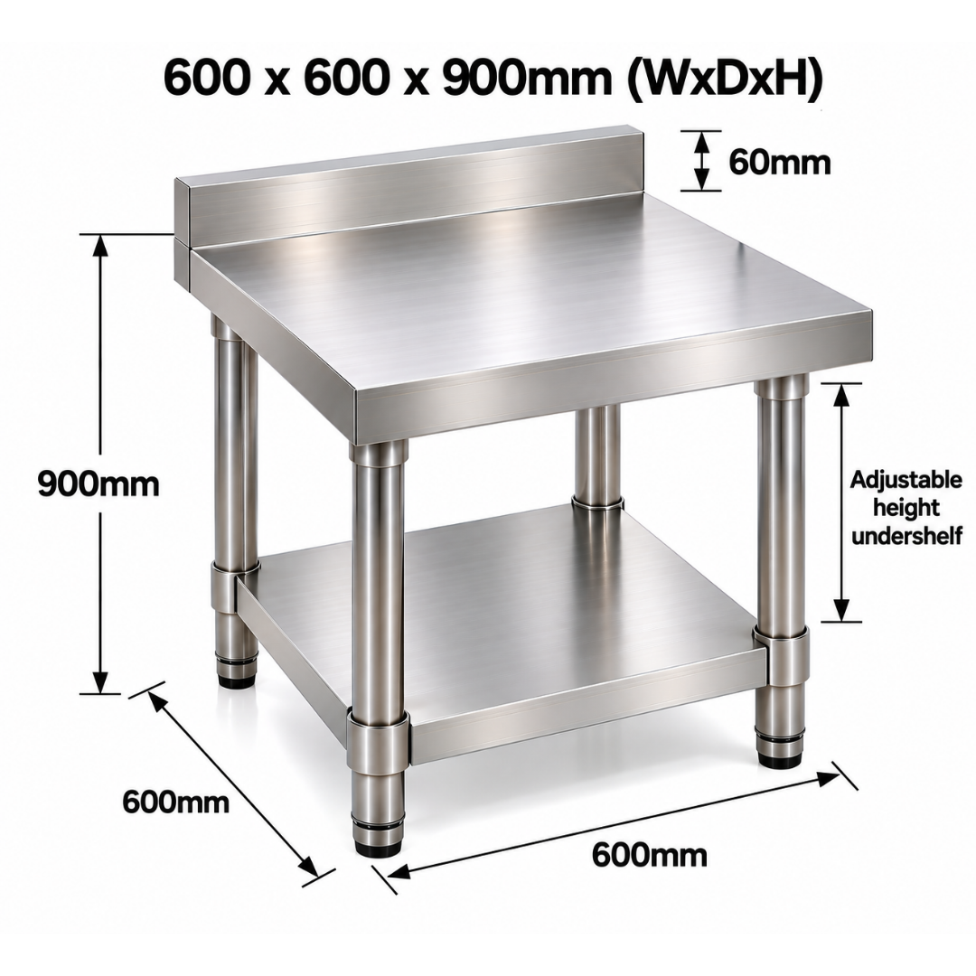 Heavy Duty Stainless Steel Wall Prep table - 600x600x900mm (WxDxH)